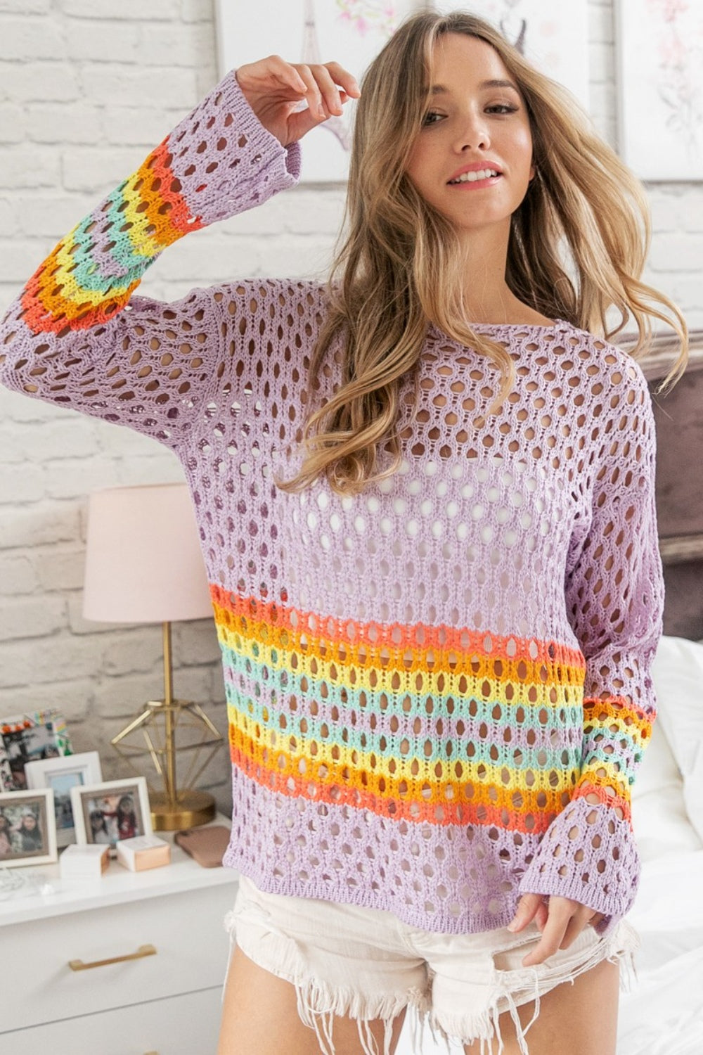 BiBi Rainbow Stripe Hollow Out Cover Up - AllIn Computer