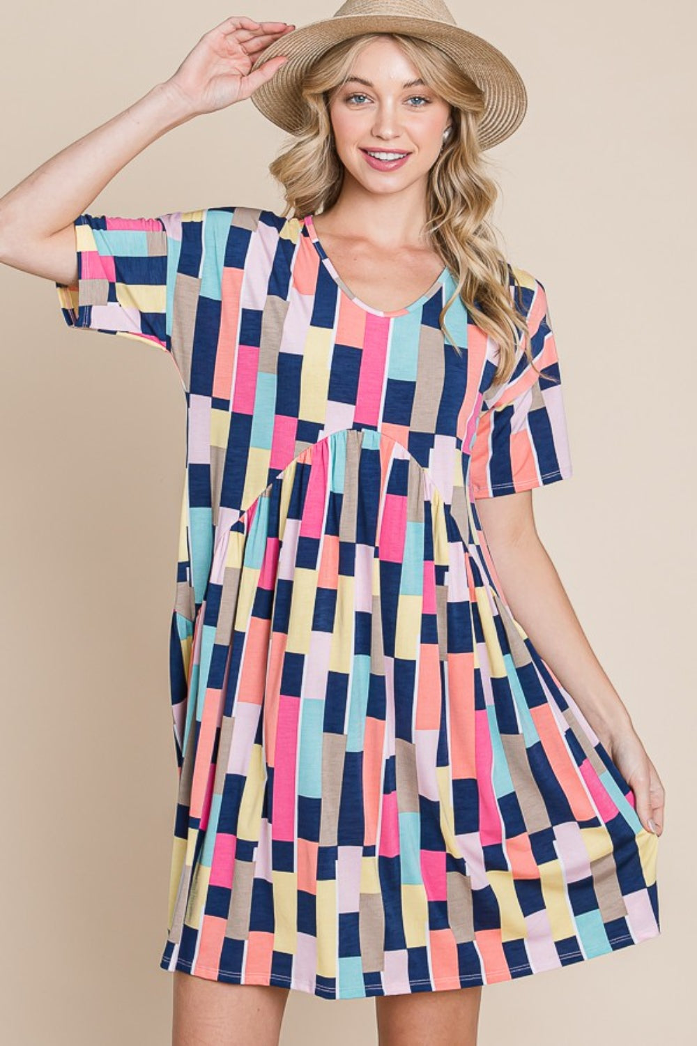 BOMBOM Ruched Color Block Short Sleeve Mini Dress - AllIn Computer