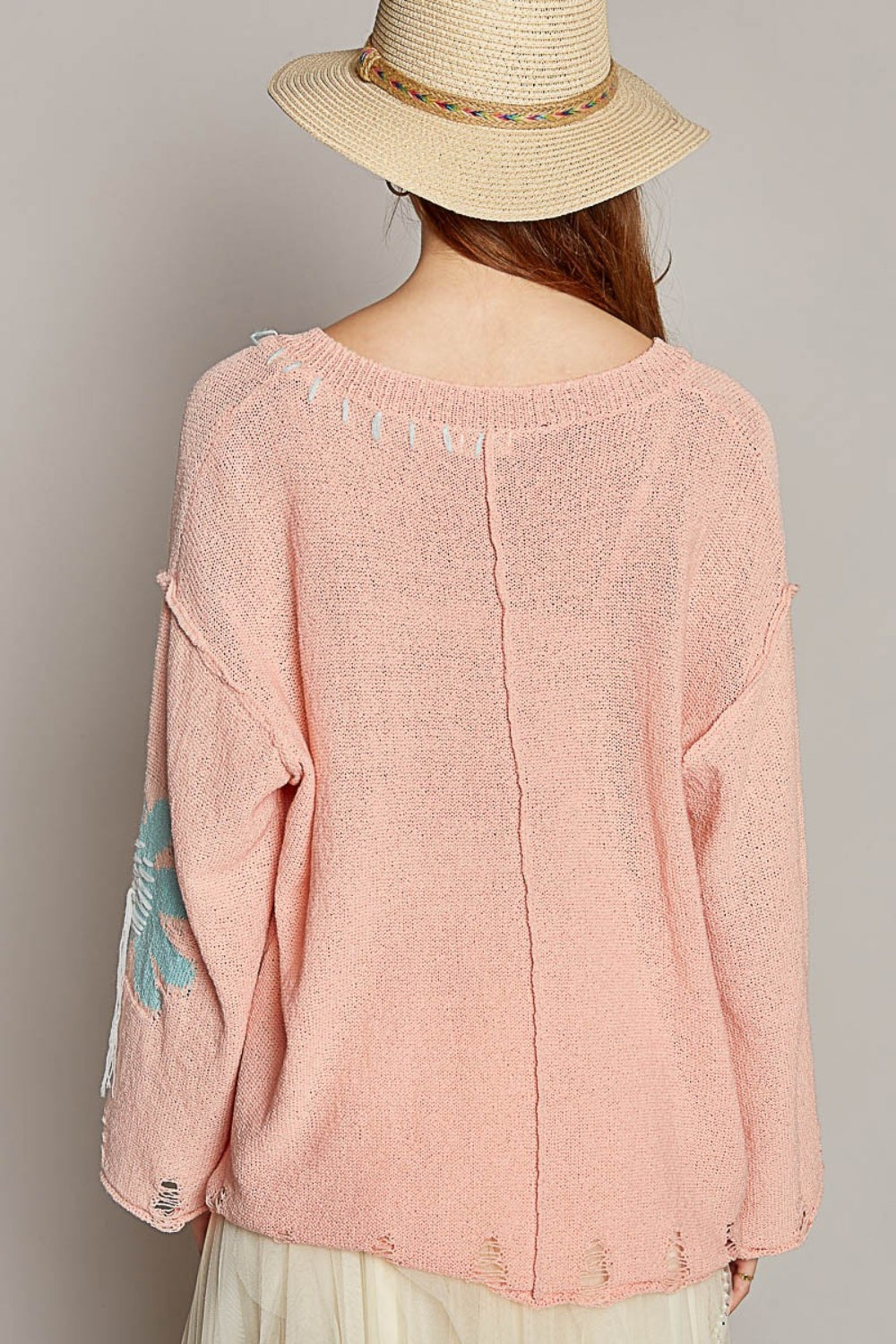 POL Distressed Flower V-Neck Dropped Shoulder Knit Top - AllIn Computer
