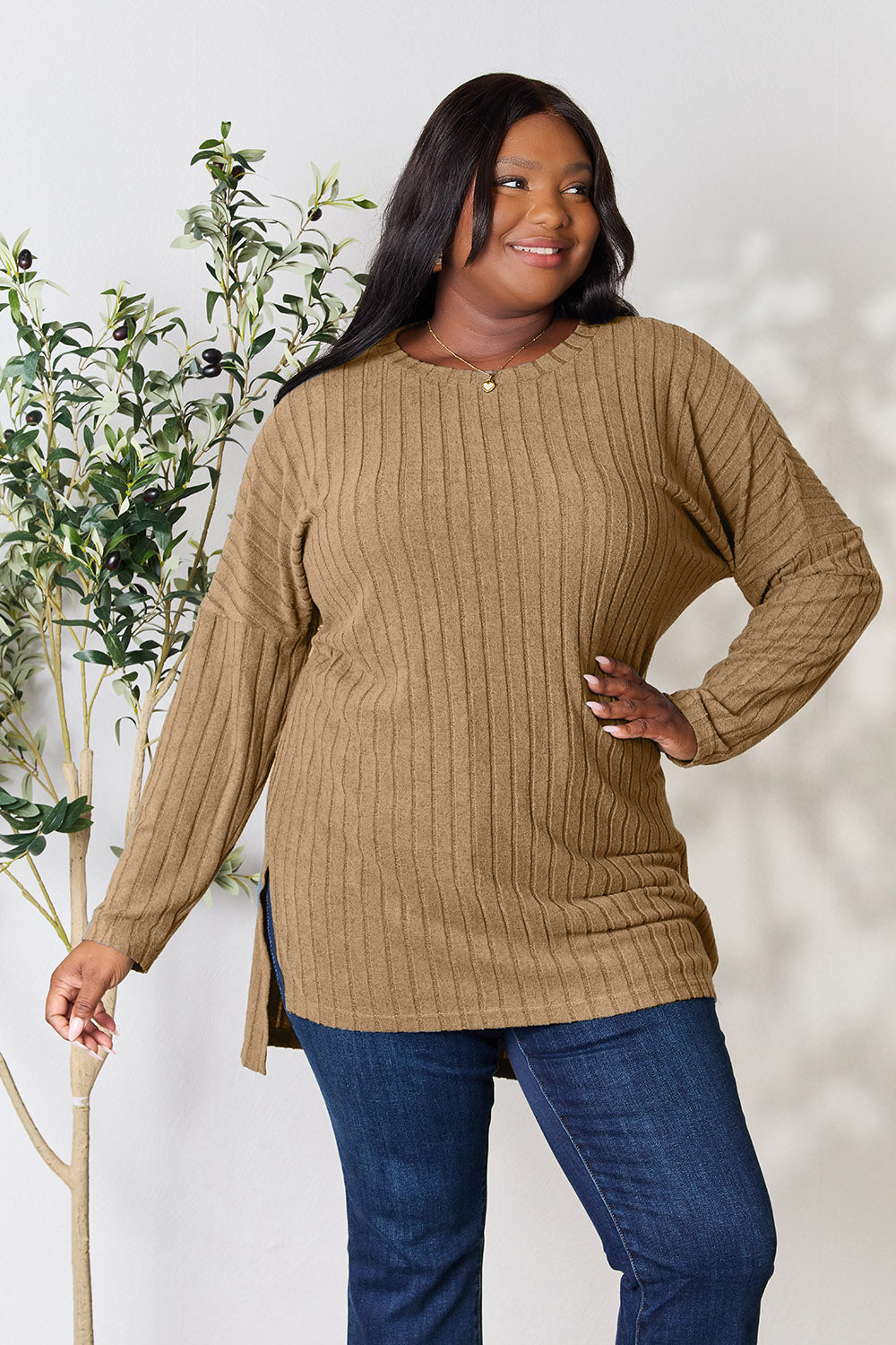 Basic Bae Full Size Ribbed Round Neck Long Sleeve Slit Top - AllIn Computer