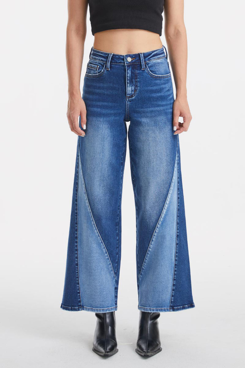 BAYEAS Full Size High Waist Two-Tones Patched Wide Leg Jeans - AllIn Computer