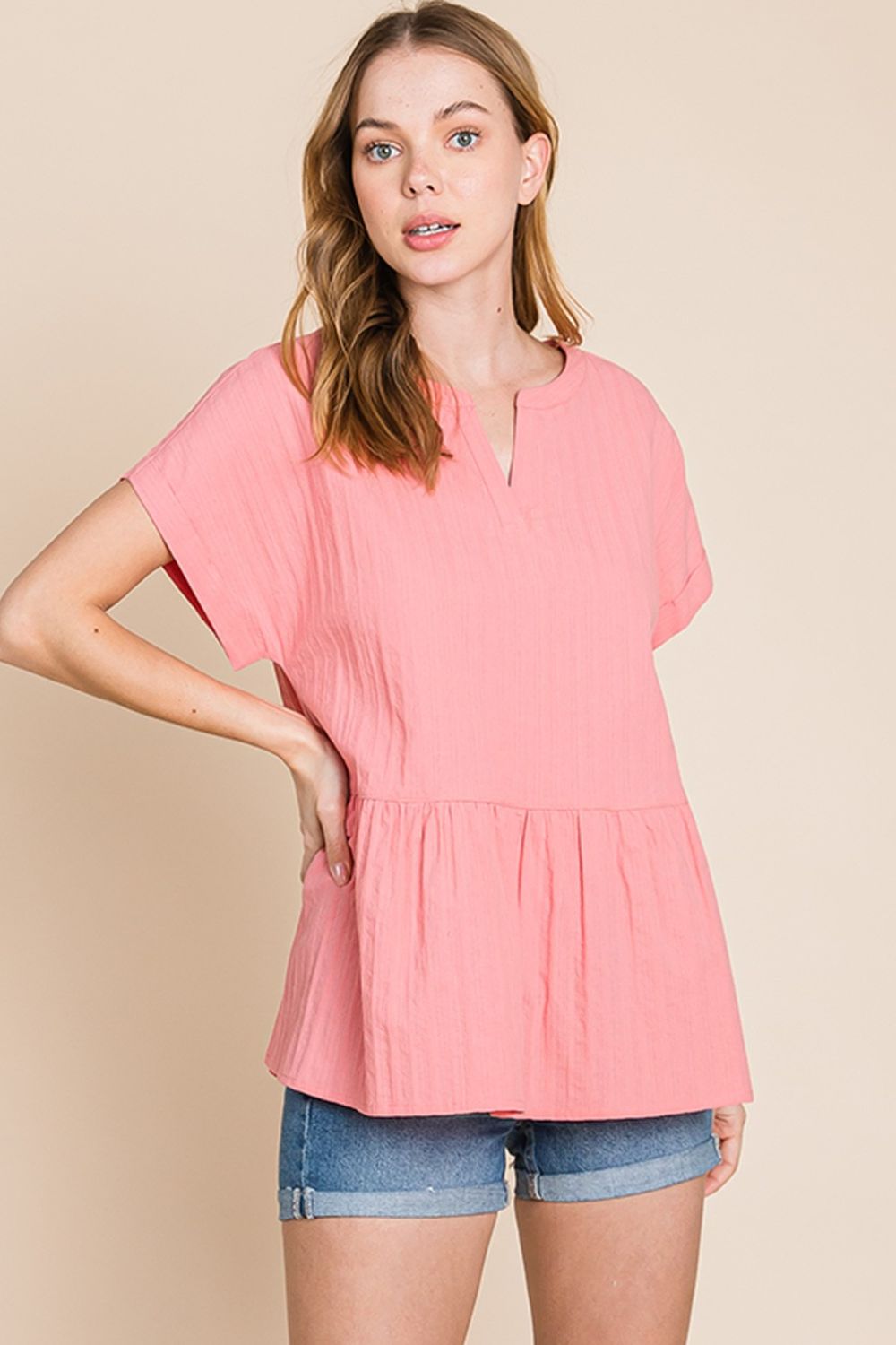 Cotton Bleu by Nu Label Notched Short Sleeve Peplum Top - AllIn Computer