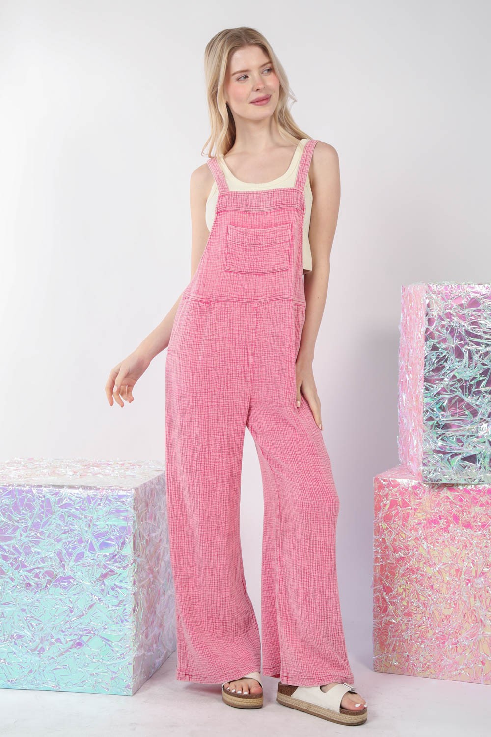 VERY J Texture Washed Wide Leg Overalls - AllIn Computer