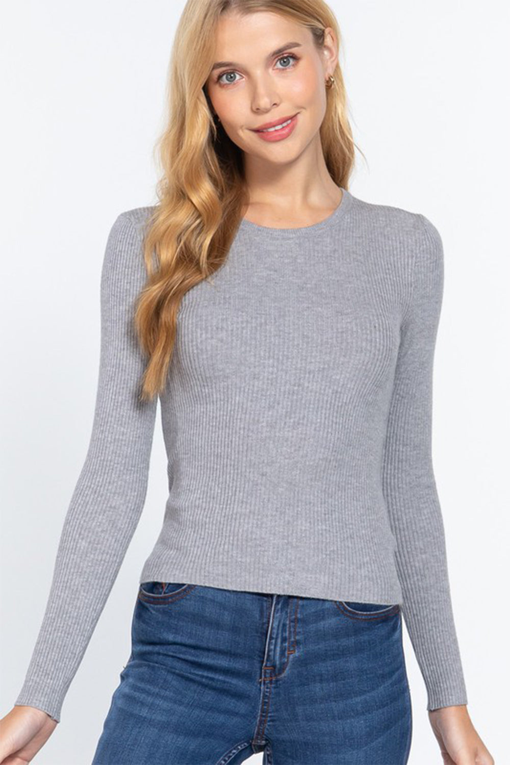 ACTIVE BASIC Full Size Ribbed Round Neck Long Sleeve Knit Top - AllIn Computer