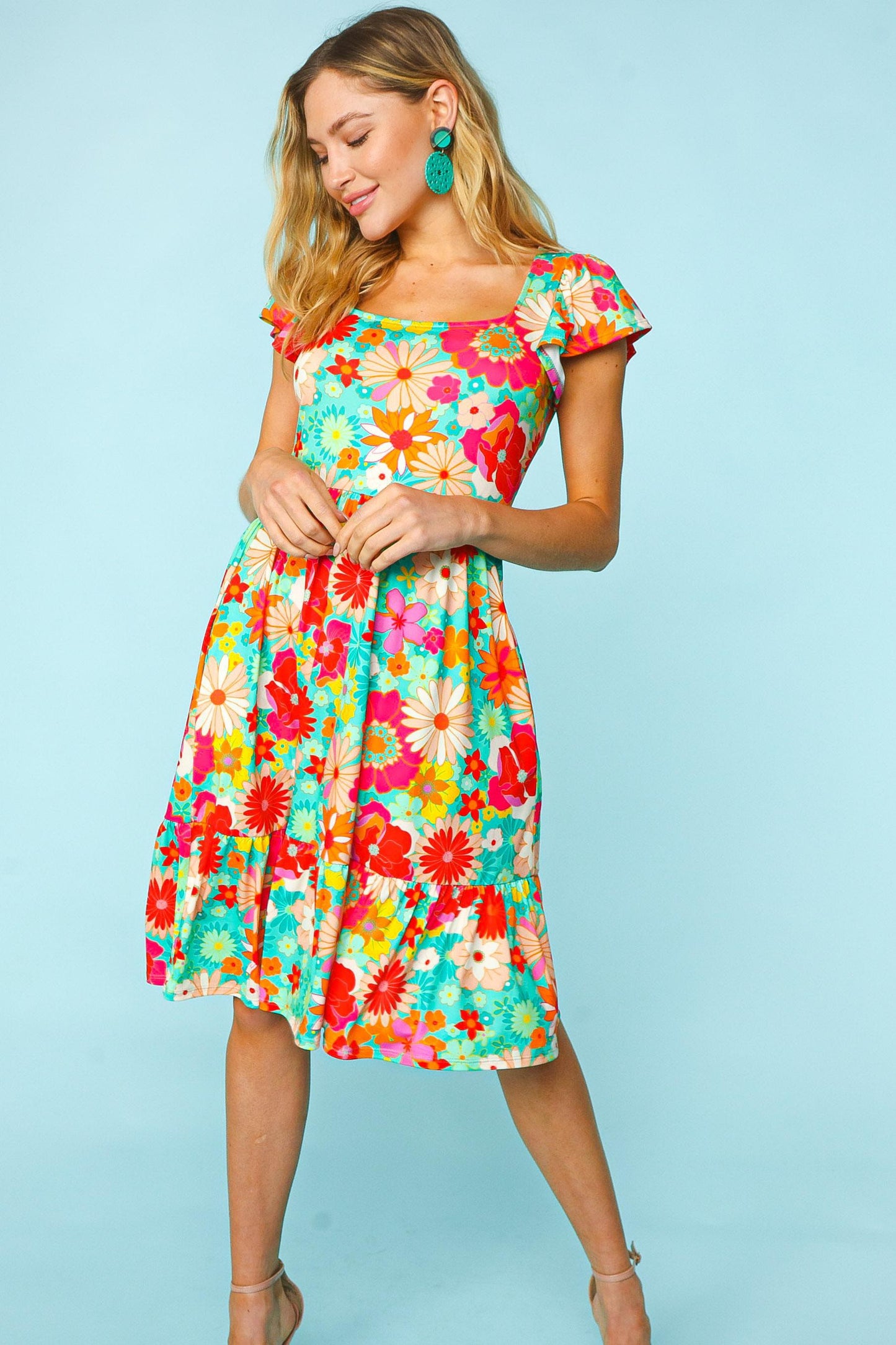 Haptics Floral Square Neck Short Sleeve Dress - AllIn Computer