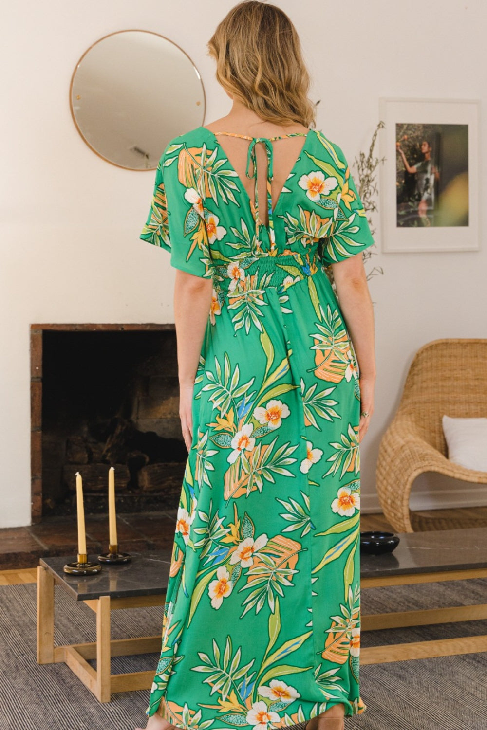 ODDI Full Size Floral Smocked Tied Back Maxi Dress - AllIn Computer