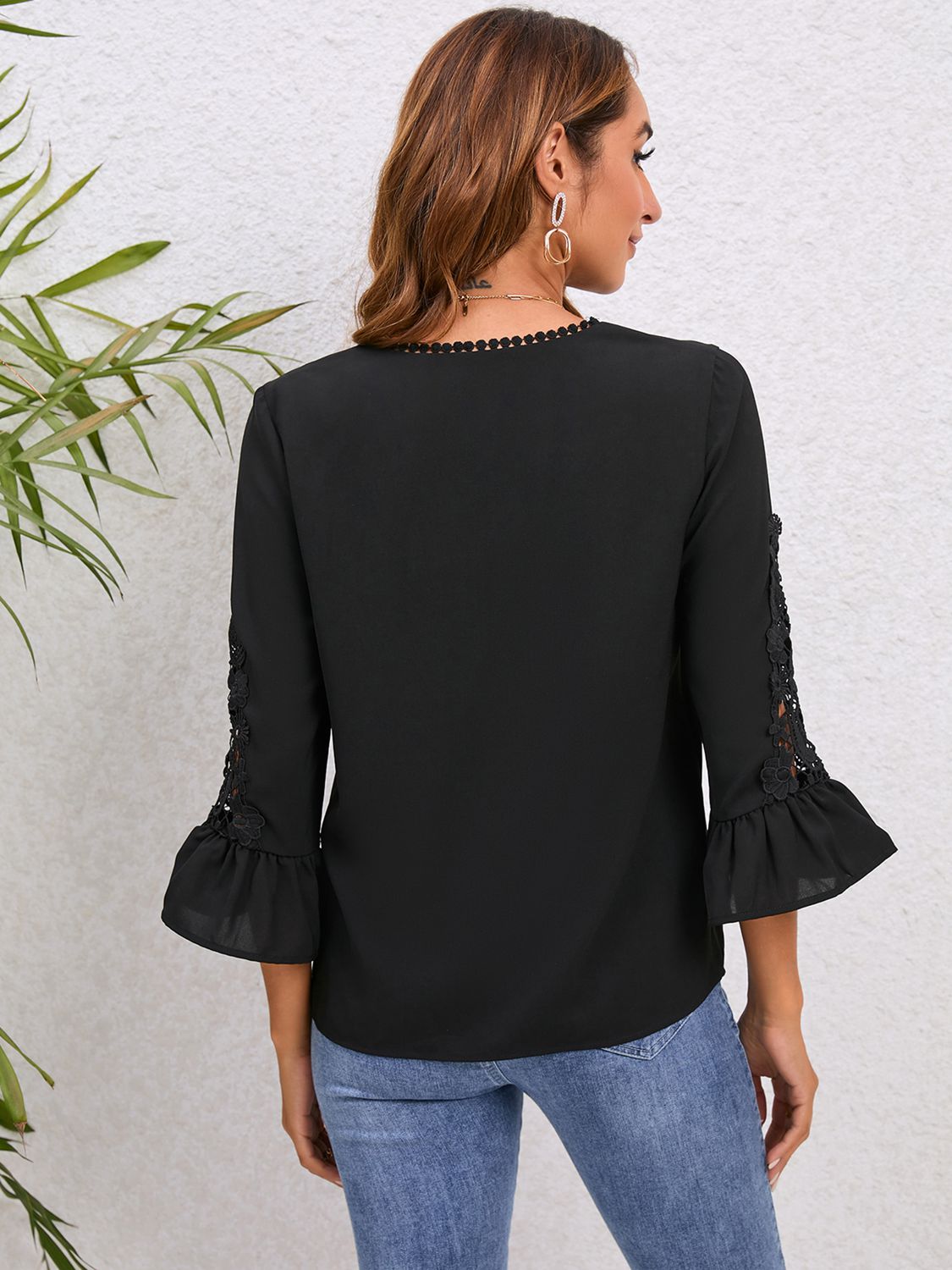 V-Neck Lace Detail Flounce Sleeve Blouse - AllIn Computer