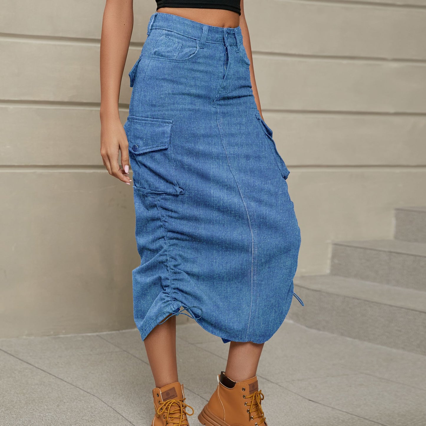 Drawstring Ruched Slit Denim Midi Skirt - AllIn Computer