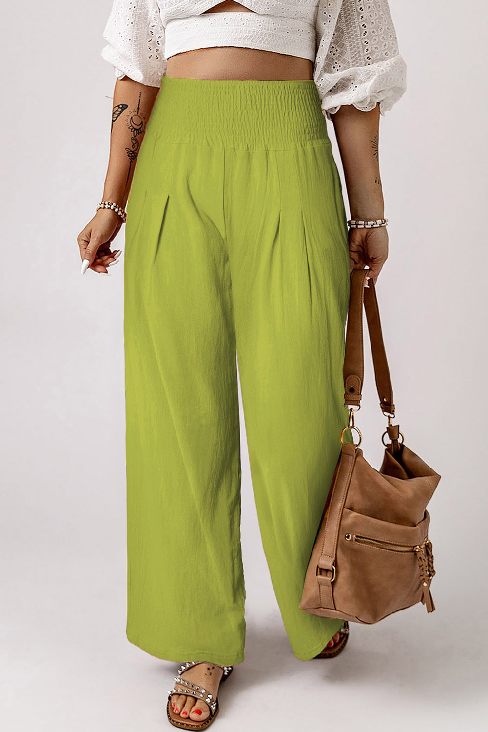 Smocked High Waist Wide Leg Pants - AllIn Computer