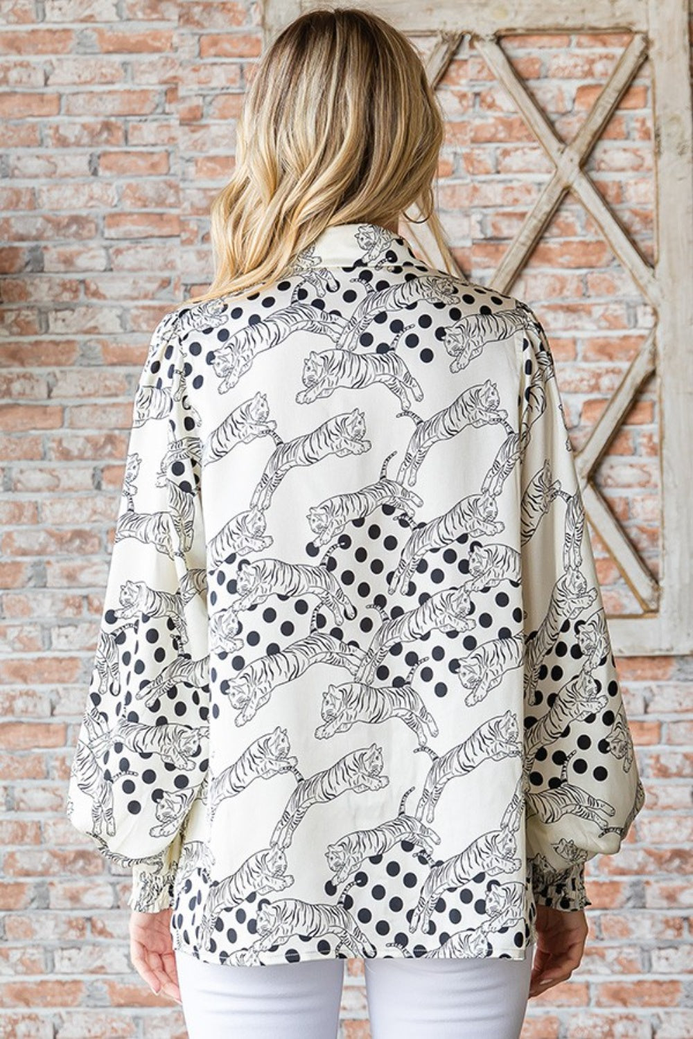 First Love Tiger Print Collared Neck Long Sleeve Satin Shirt - AllIn Computer