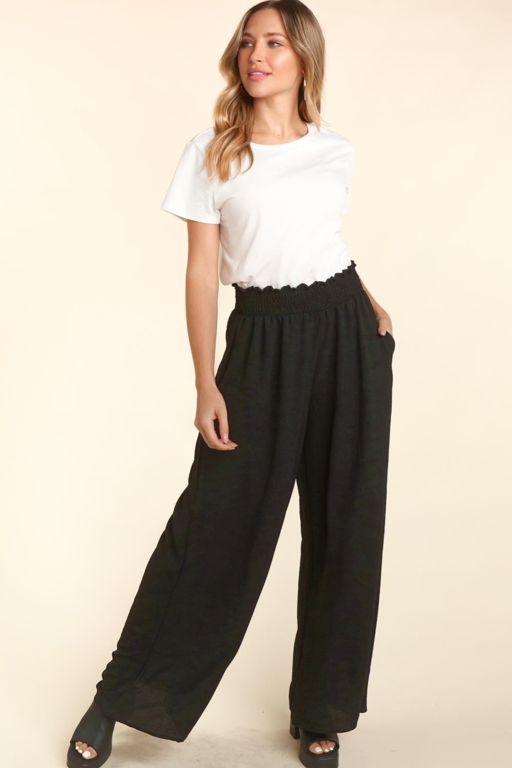 Haptics Elastic Waist Wide Leg Pants with Pockets - AllIn Computer