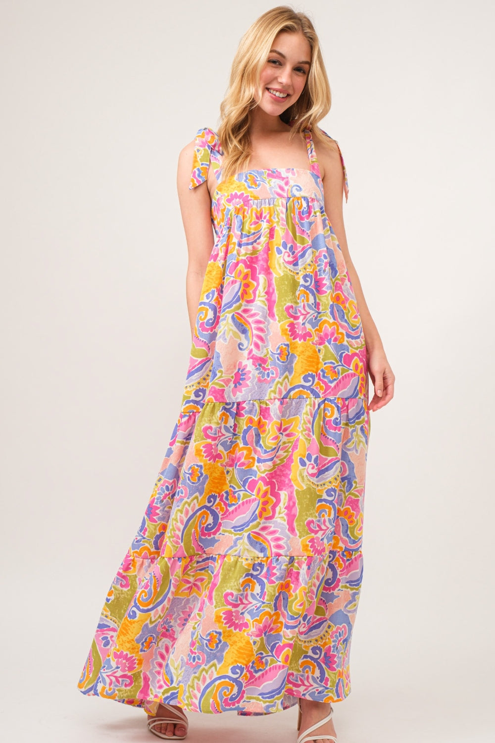 And The Why Full Size Printed Tie Shoulder Tiered Maxi Dress - AllIn Computer