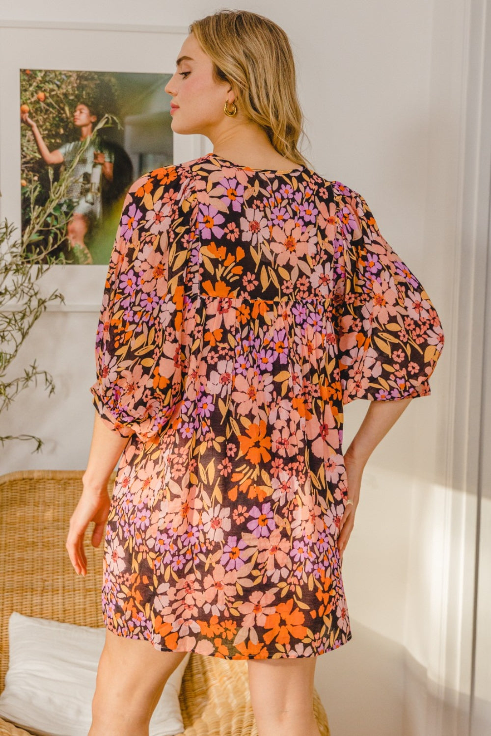 ODDI Full Size Floral Tied Neck Mini Dress - AllIn Computer