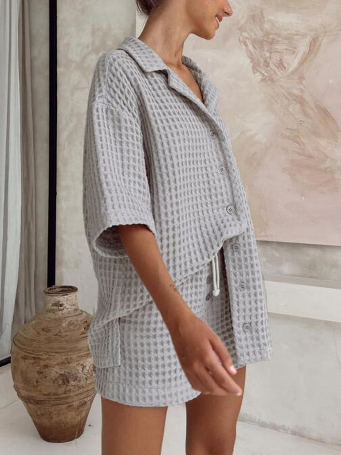Waffle-Knit Dropped Shoulder Top and Shorts Set - AllIn Computer