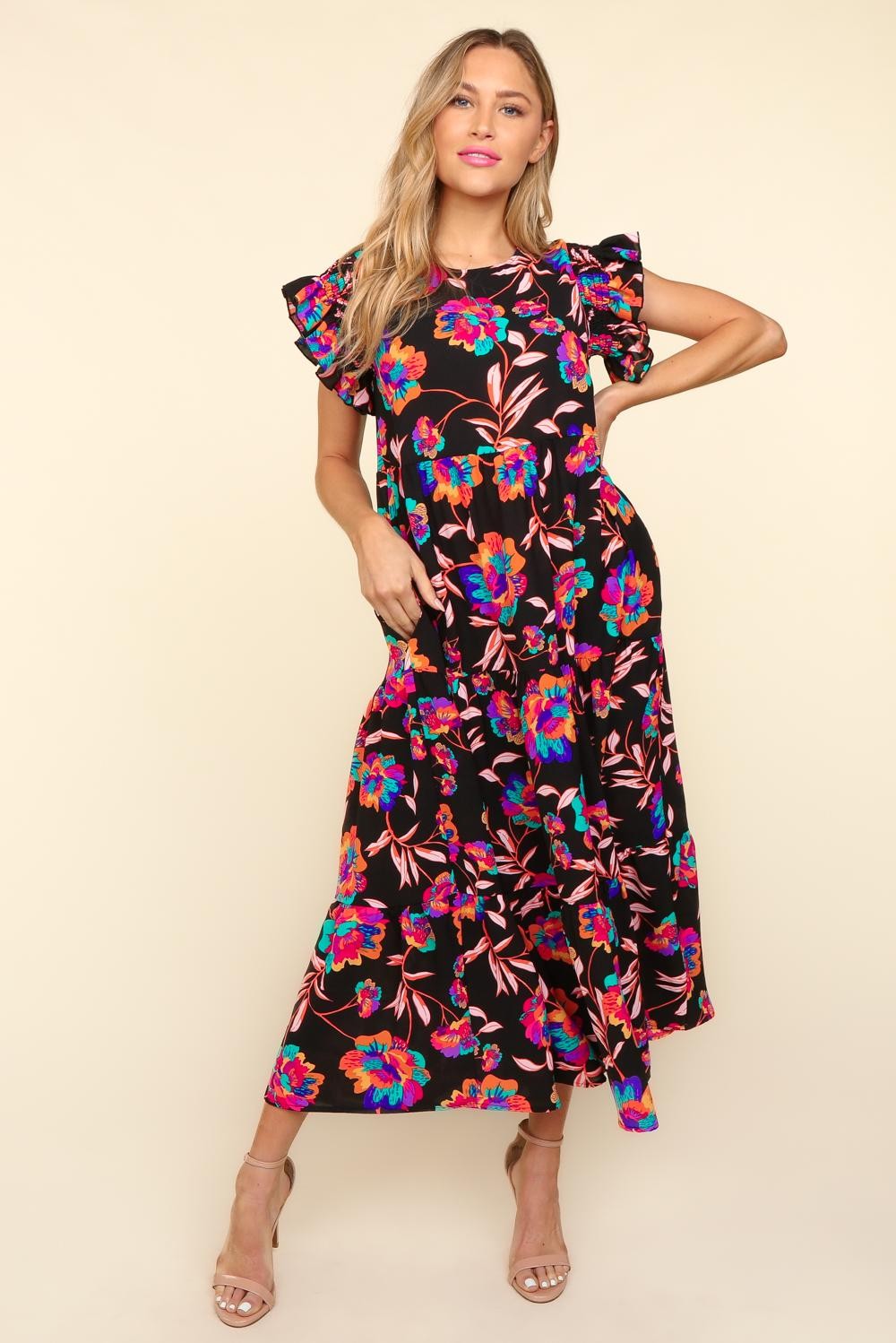 Haptics Ruffled Printed Round Neck Cap Sleeve Dress - AllIn Computer