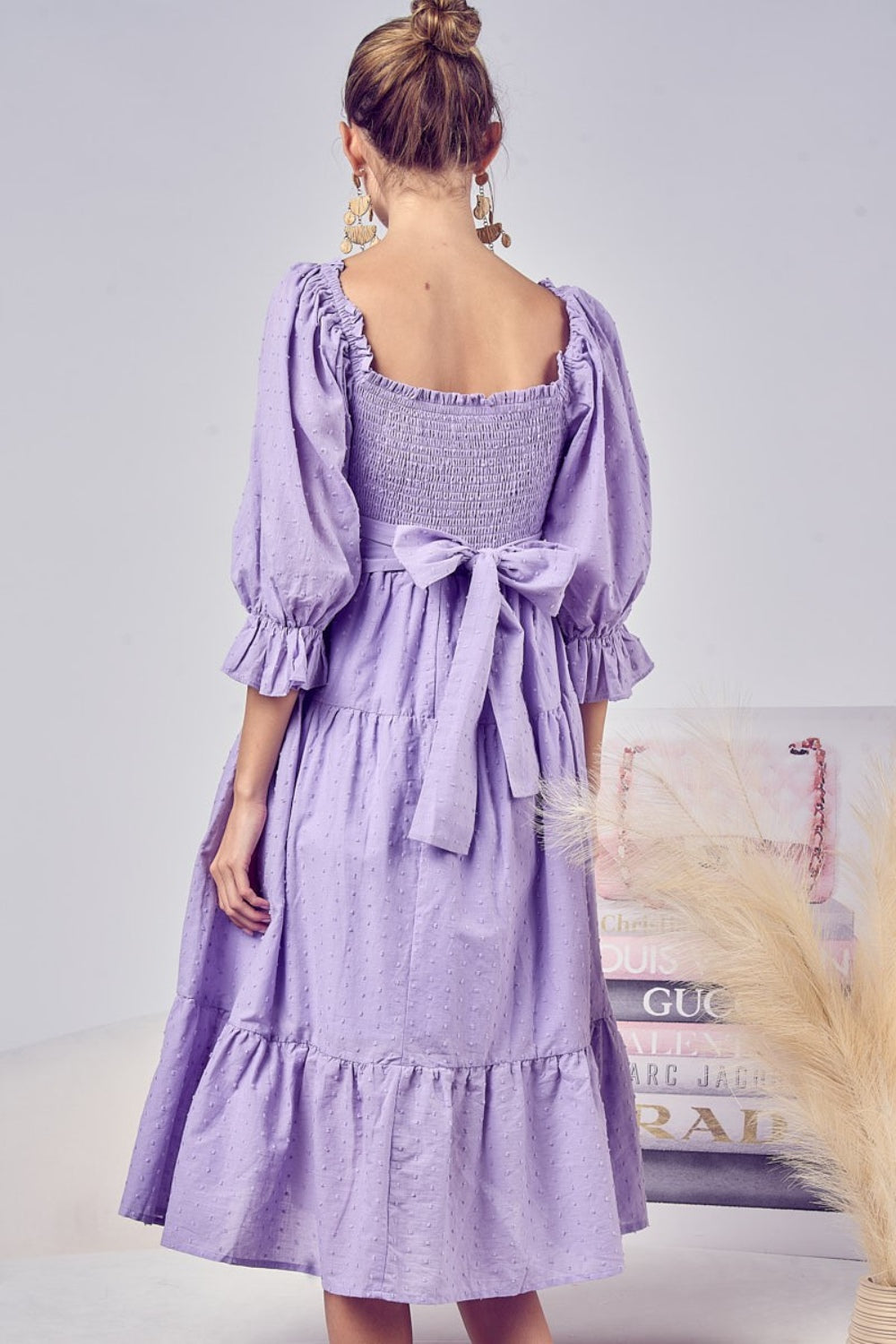 BiBi Swiss Dot Flounce Sleeve Smocked Tiered Midi Dress - AllIn Computer