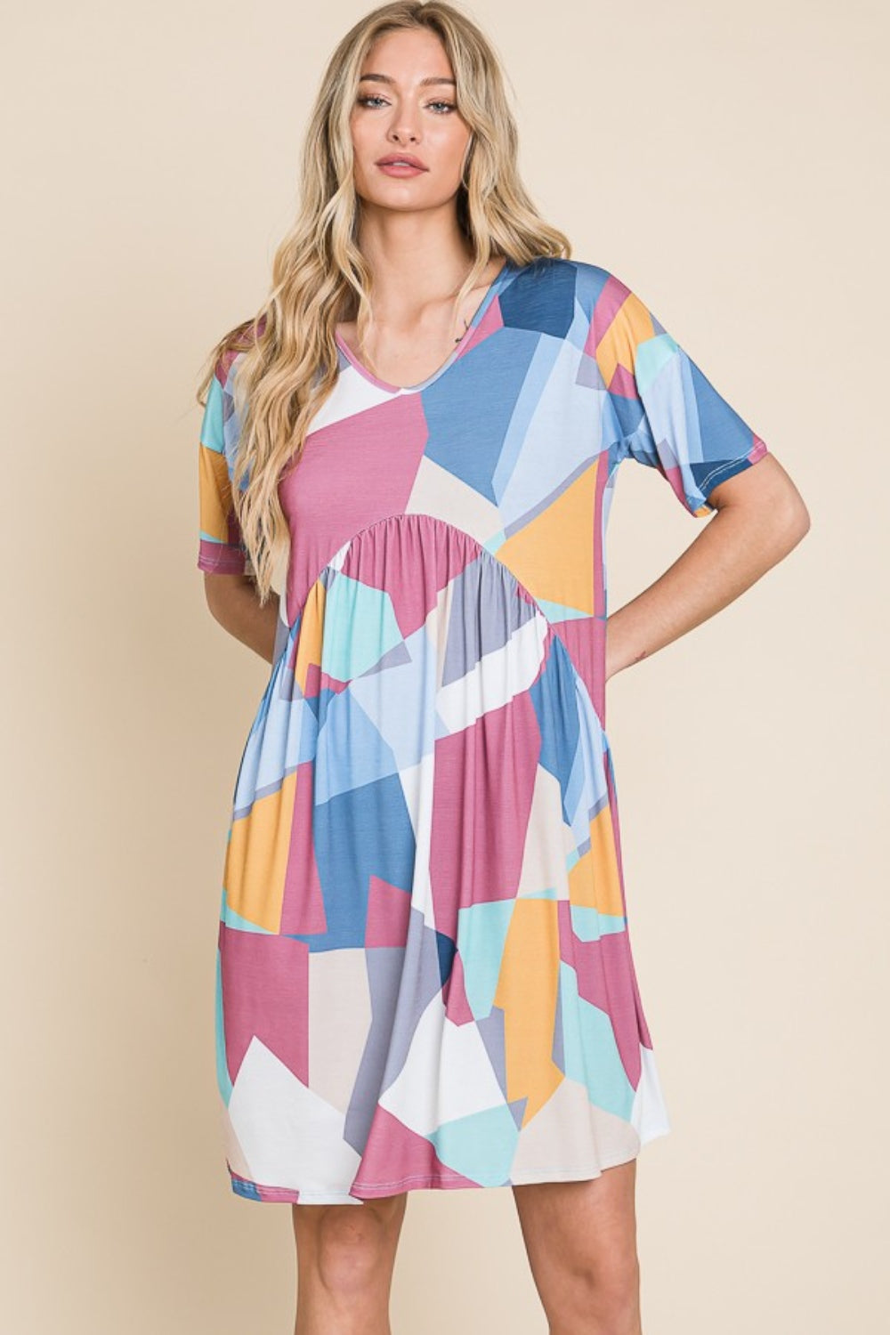 BOMBOM Ruched Color Block Short Sleeve Dress - AllIn Computer