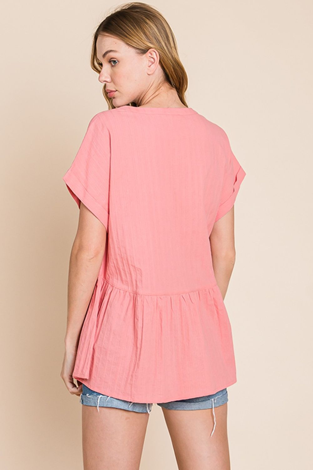 Cotton Bleu by Nu Label Notched Short Sleeve Peplum Top - AllIn Computer