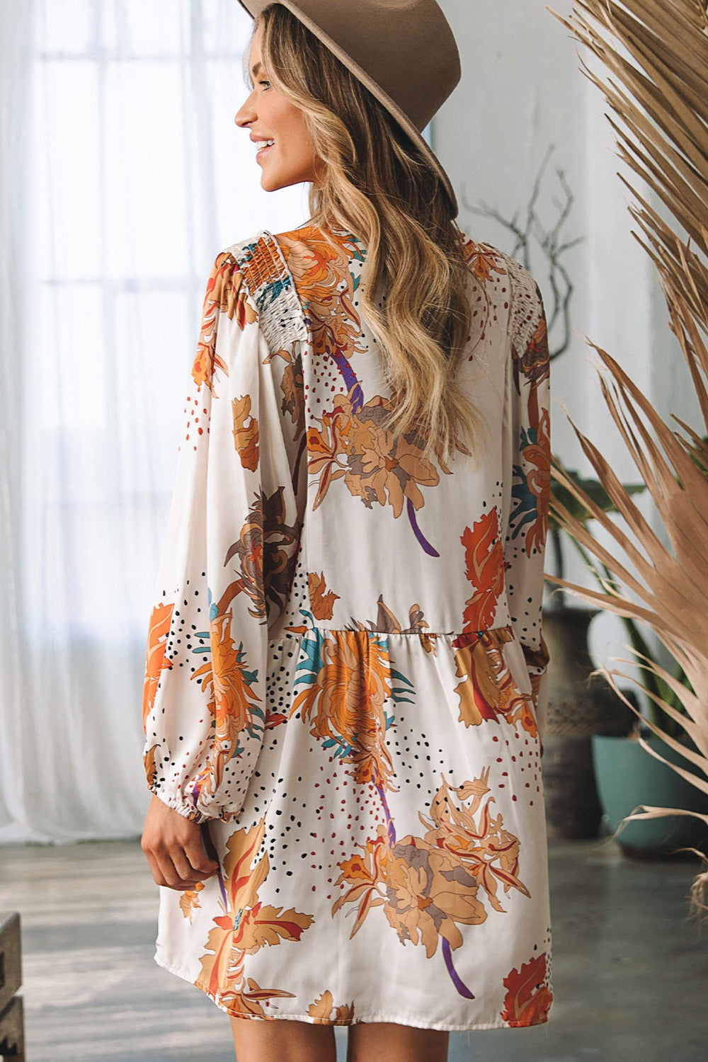 Printed V-Neck Balloon Sleeve Mini Dress - AllIn Computer