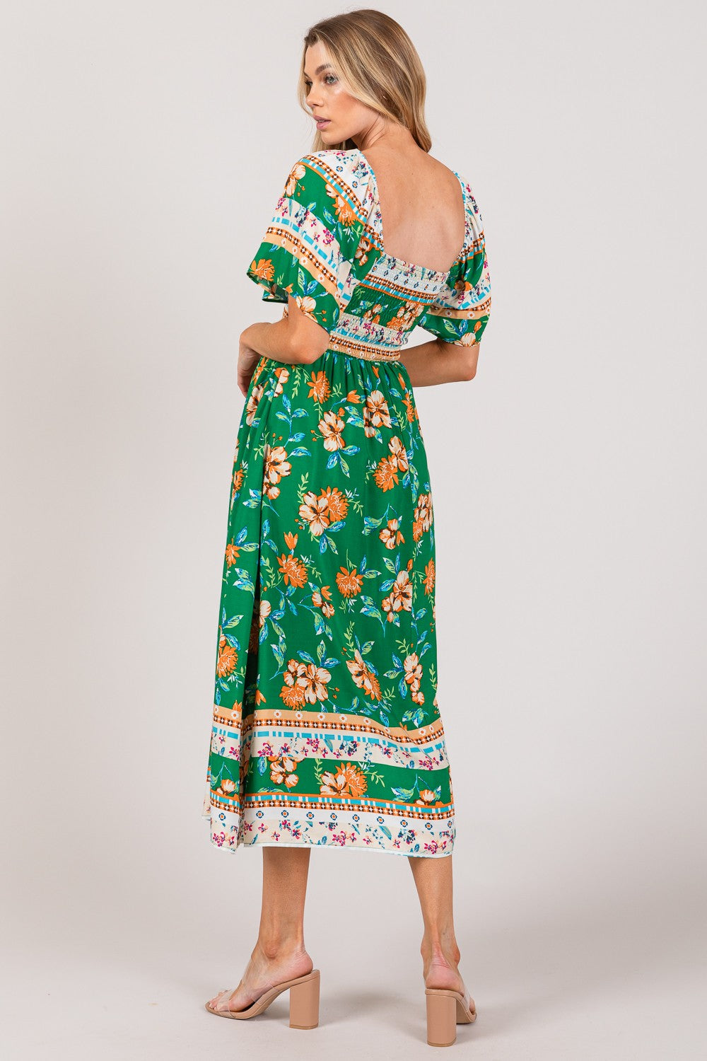 SAGE + FIG Printed Smocked Short Sleeve Midi Dress - AllIn Computer