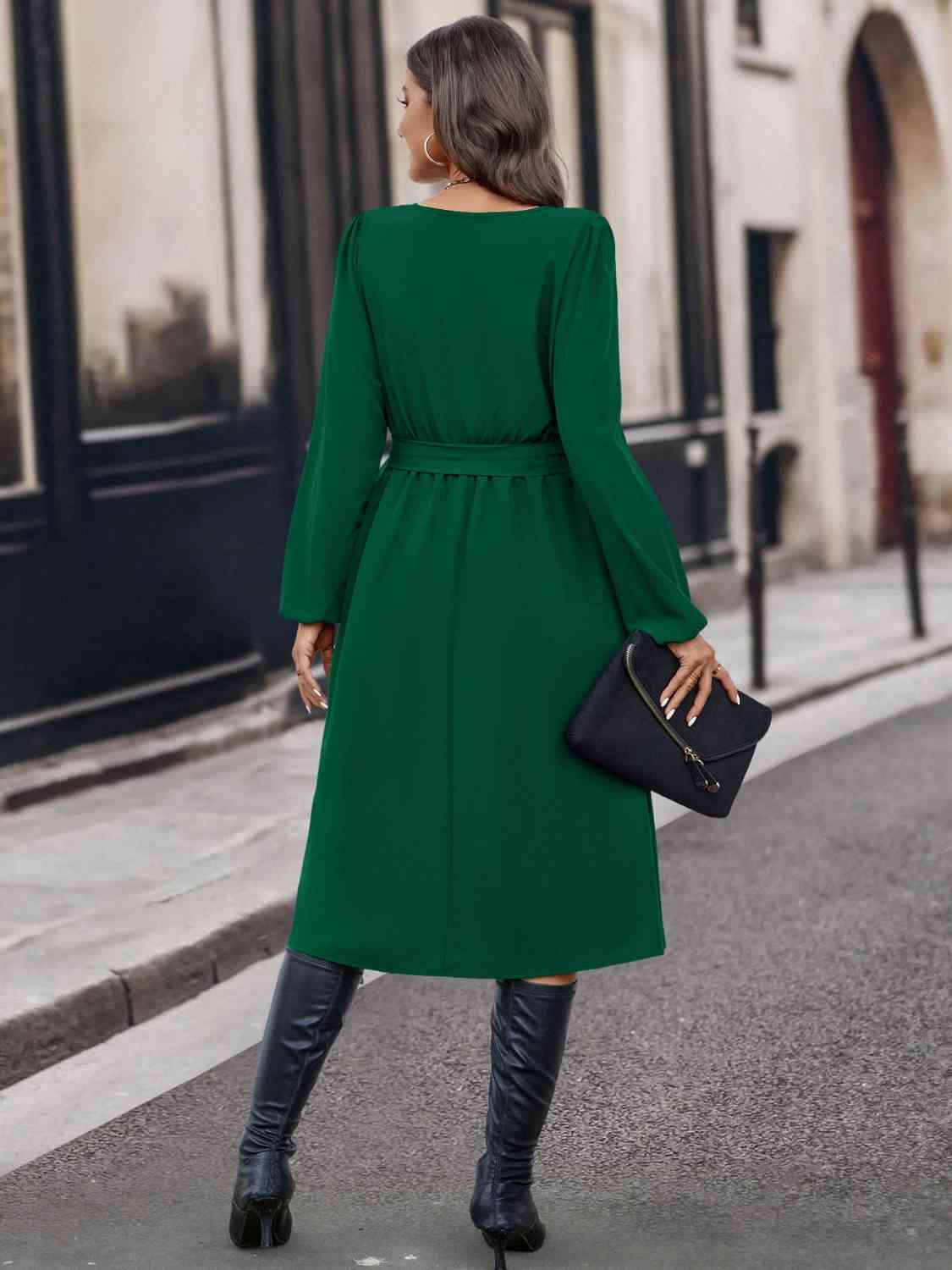 Buttoned Tie Front Long Sleeve Asymmetrical Neck Dress - AllIn Computer
