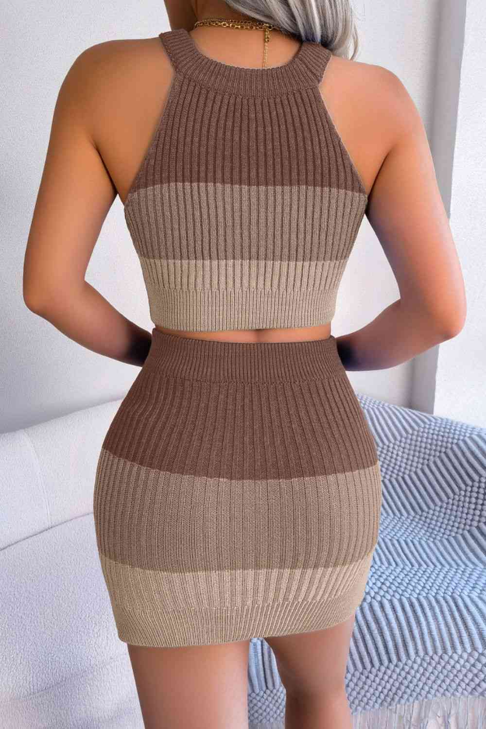 Color Block Sleeveless Crop Knit Top and Skirt Set - AllIn Computer