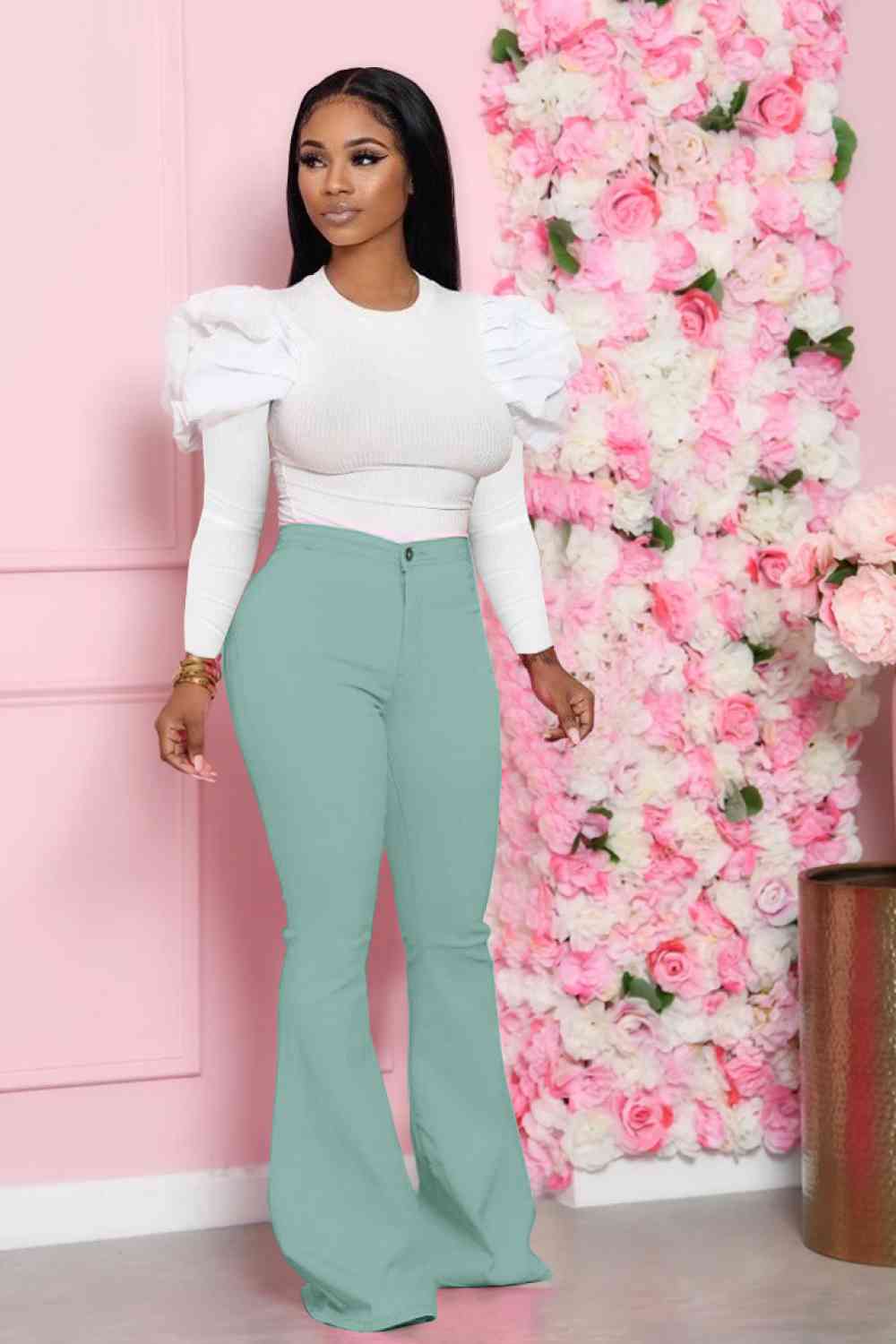 Leg-Of-Mutton Sleeve Top and Flare Pants Set - AllIn Computer