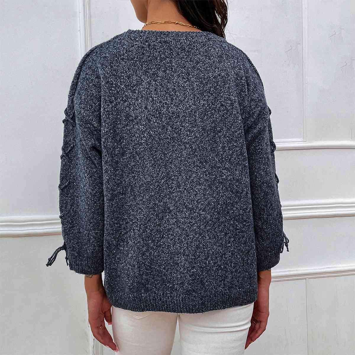 Lace-Up Long Sleeve Round Neck Sweater - AllIn Computer