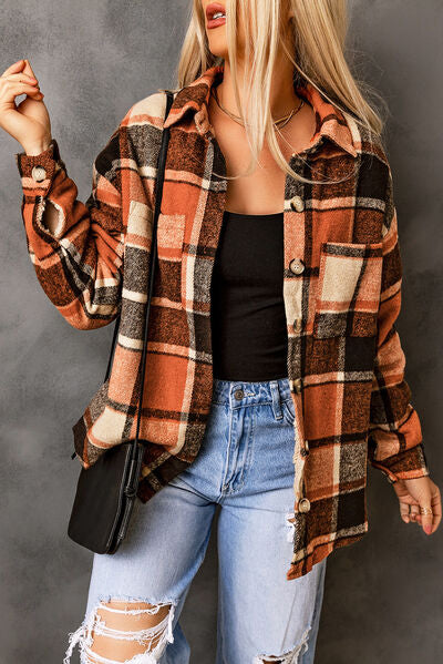 Plaid Pocketed Button Up Jacket - AllIn Computer