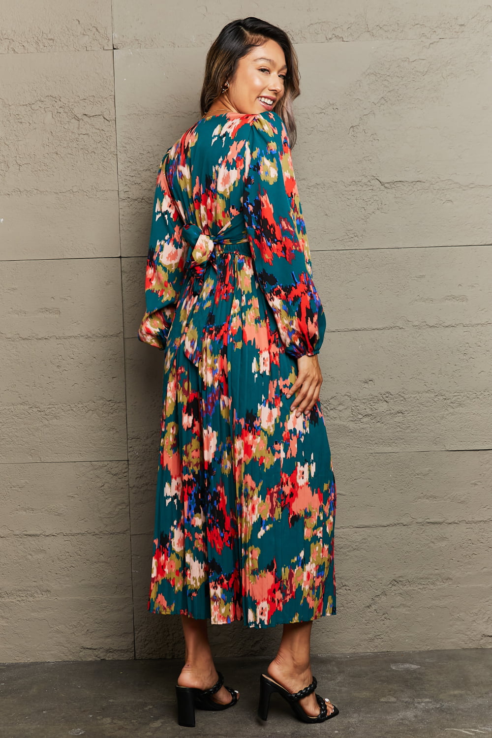 Printed Deep V Slit Pleated Dress - AllIn Computer