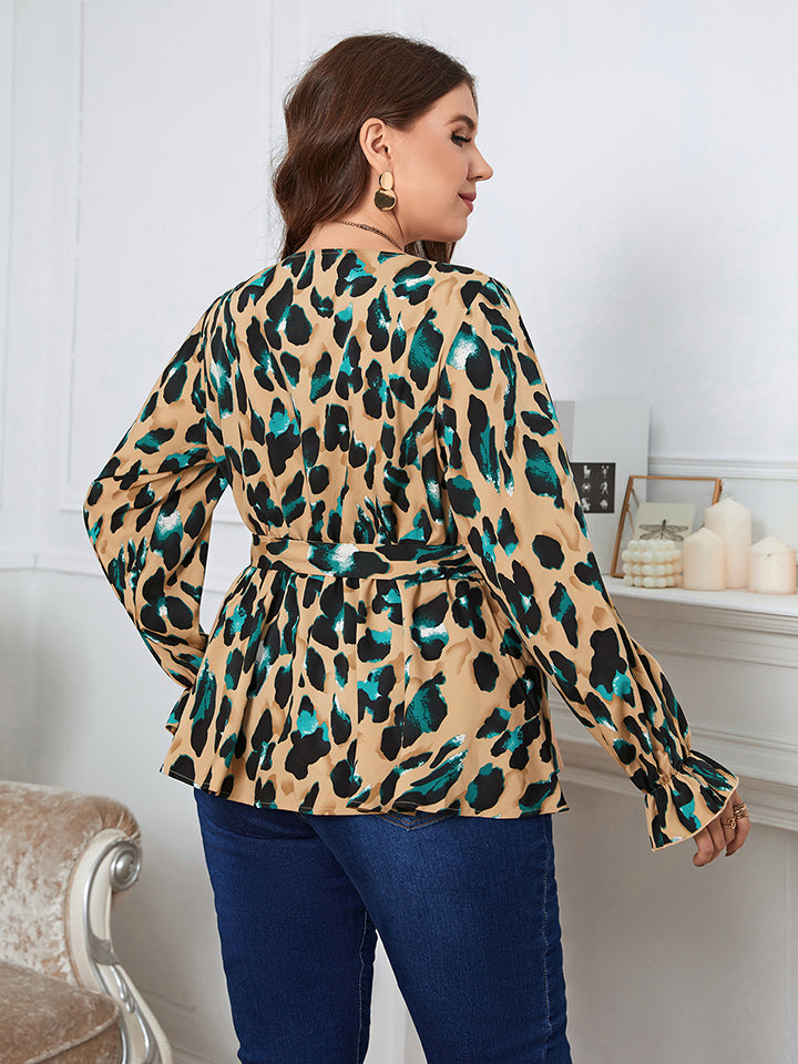 Plus Size Printed Tie Waist Flounce Sleeve Blouse - AllIn Computer