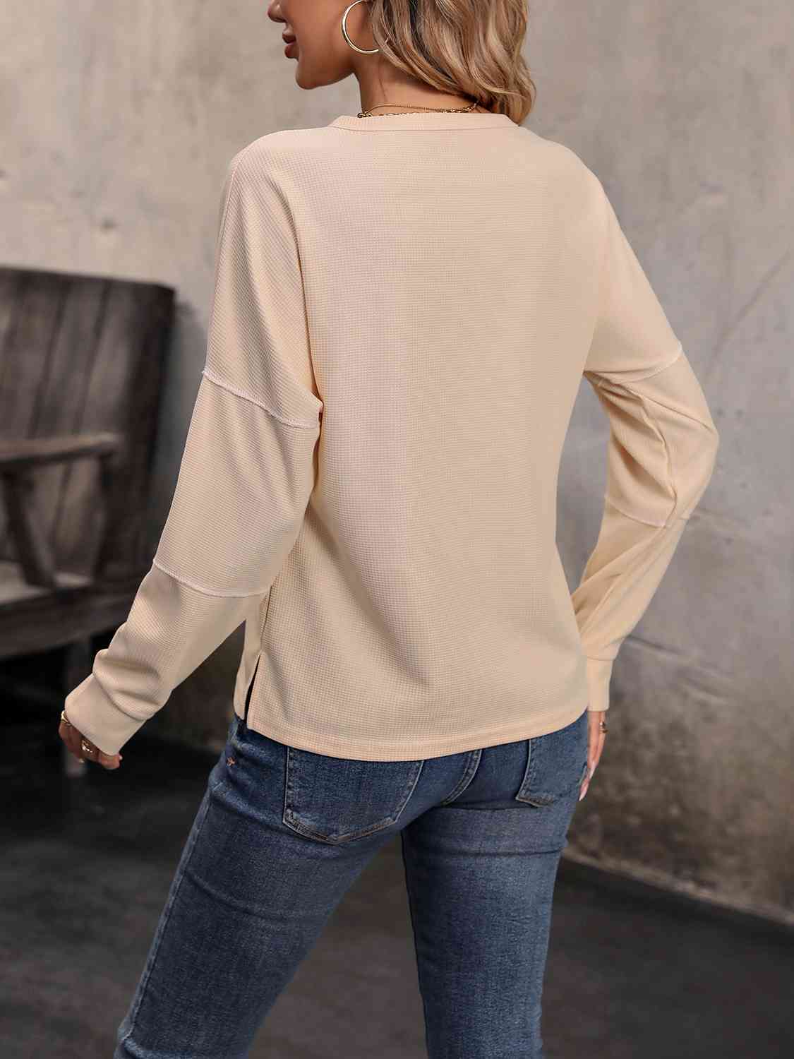 Round Neck Buttoned Slit Long Sleeve Top - AllIn Computer