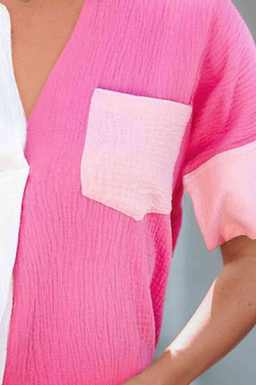 Color Block Textured Johnny Collar Blouse - AllIn Computer