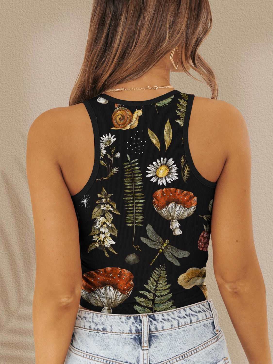 Printed Round Neck Wide Strap Tank - AllIn Computer