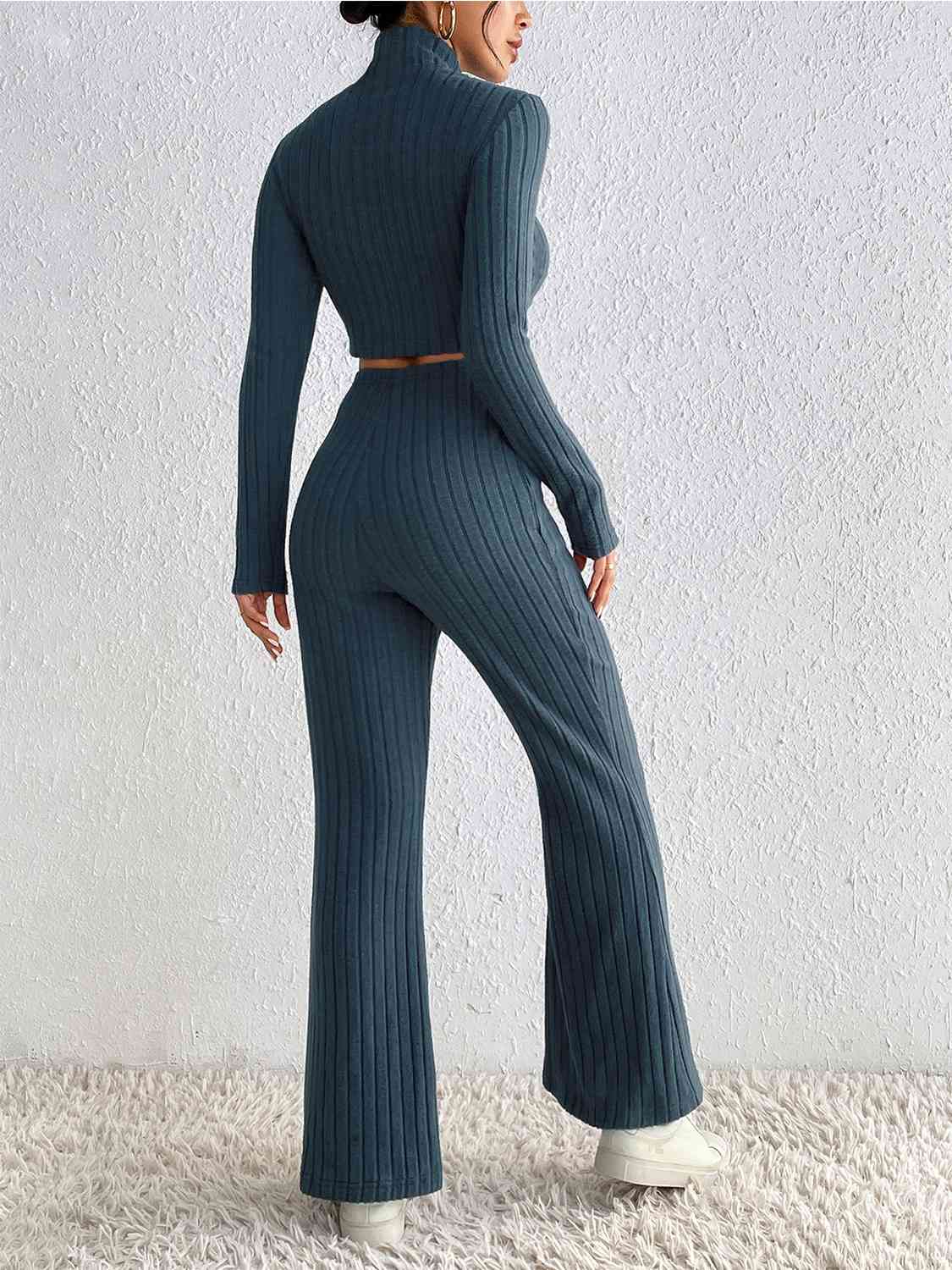 Ribbed Mock Neck Cropped Sweater & High Waist Pants Set - AllIn Computer