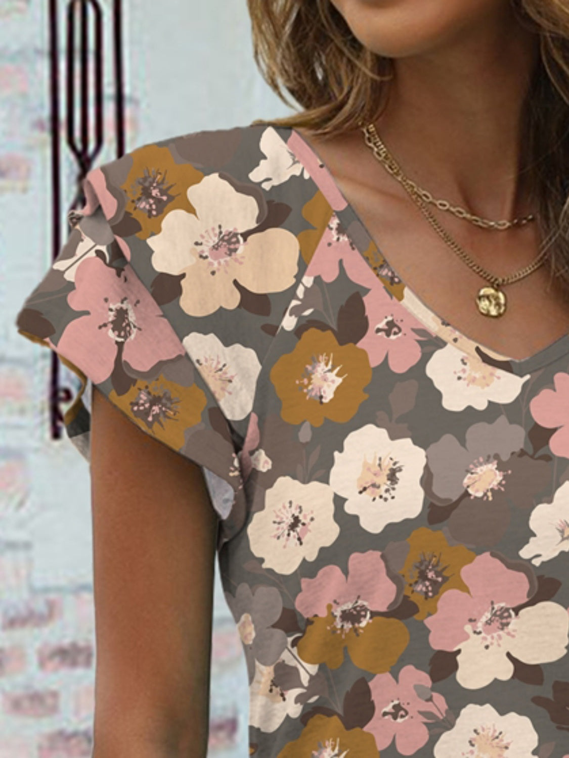 Floral V-Neck Cap Sleeve T-Shirt - AllIn Computer