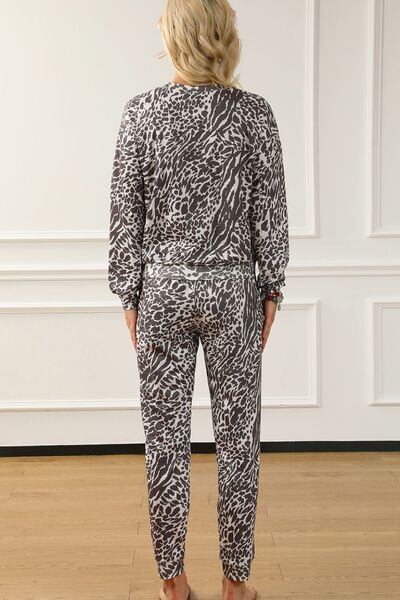 Leopard Round Neck Top and Drawstring Pants Lounge Set - AllIn Computer