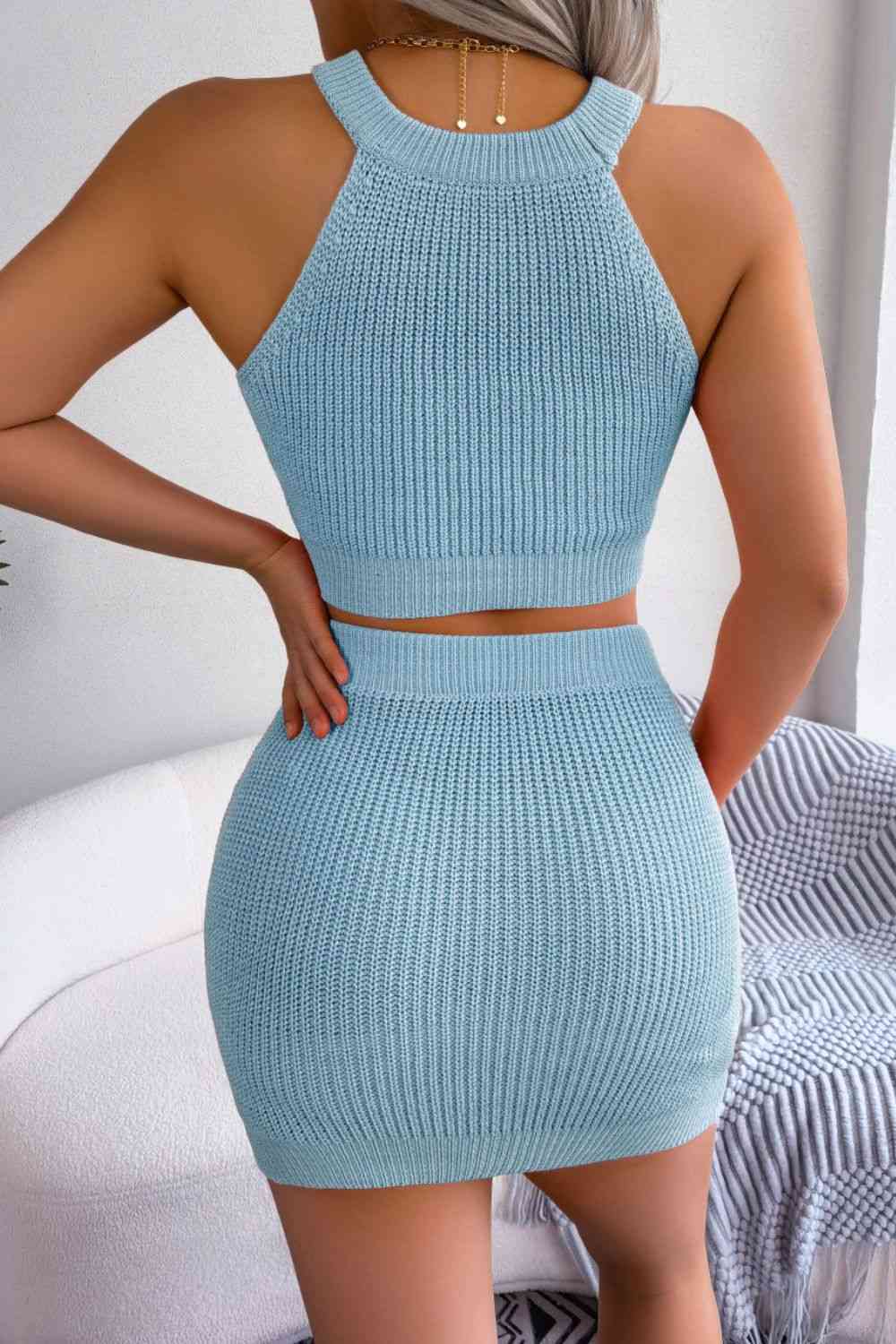 Heart Contrast Ribbed Sleeveless Knit Top and Skirt Set - AllIn Computer
