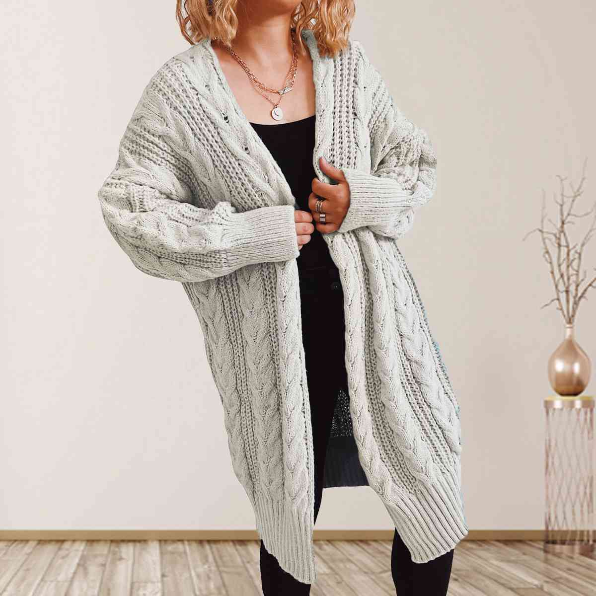 Cable-Knit Open Front Dropped Shoulder Cardigan - AllIn Computer
