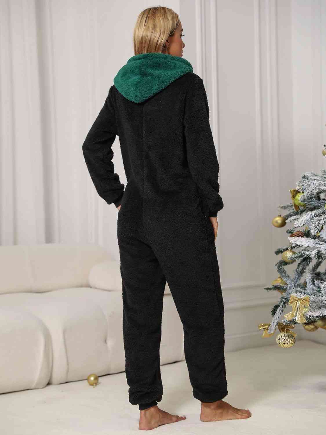 Pom-Pom Trim Zip Front Hooded Lounge Jumpsuit - AllIn Computer
