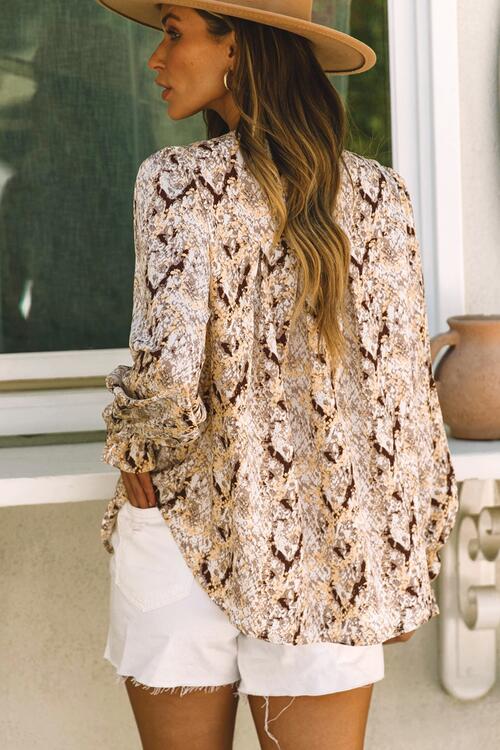 Printed Round Neck Long Sleeve Blouse - AllIn Computer