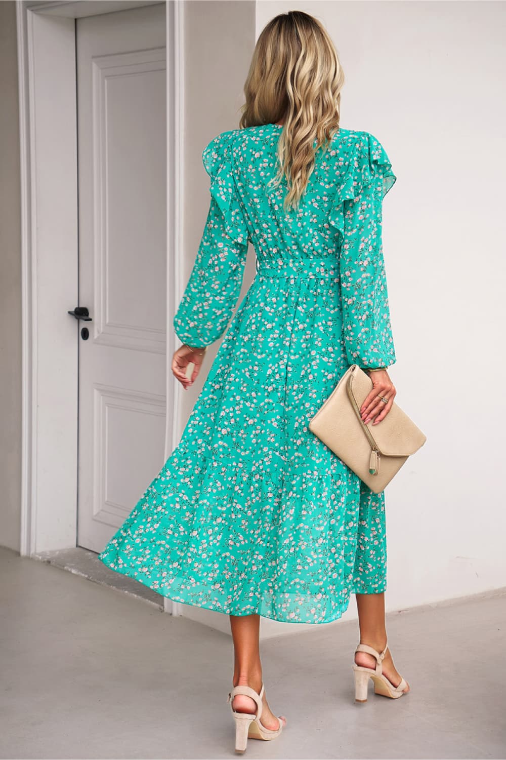 Surplice Neck Balloon Sleeve Midi Dress - AllIn Computer