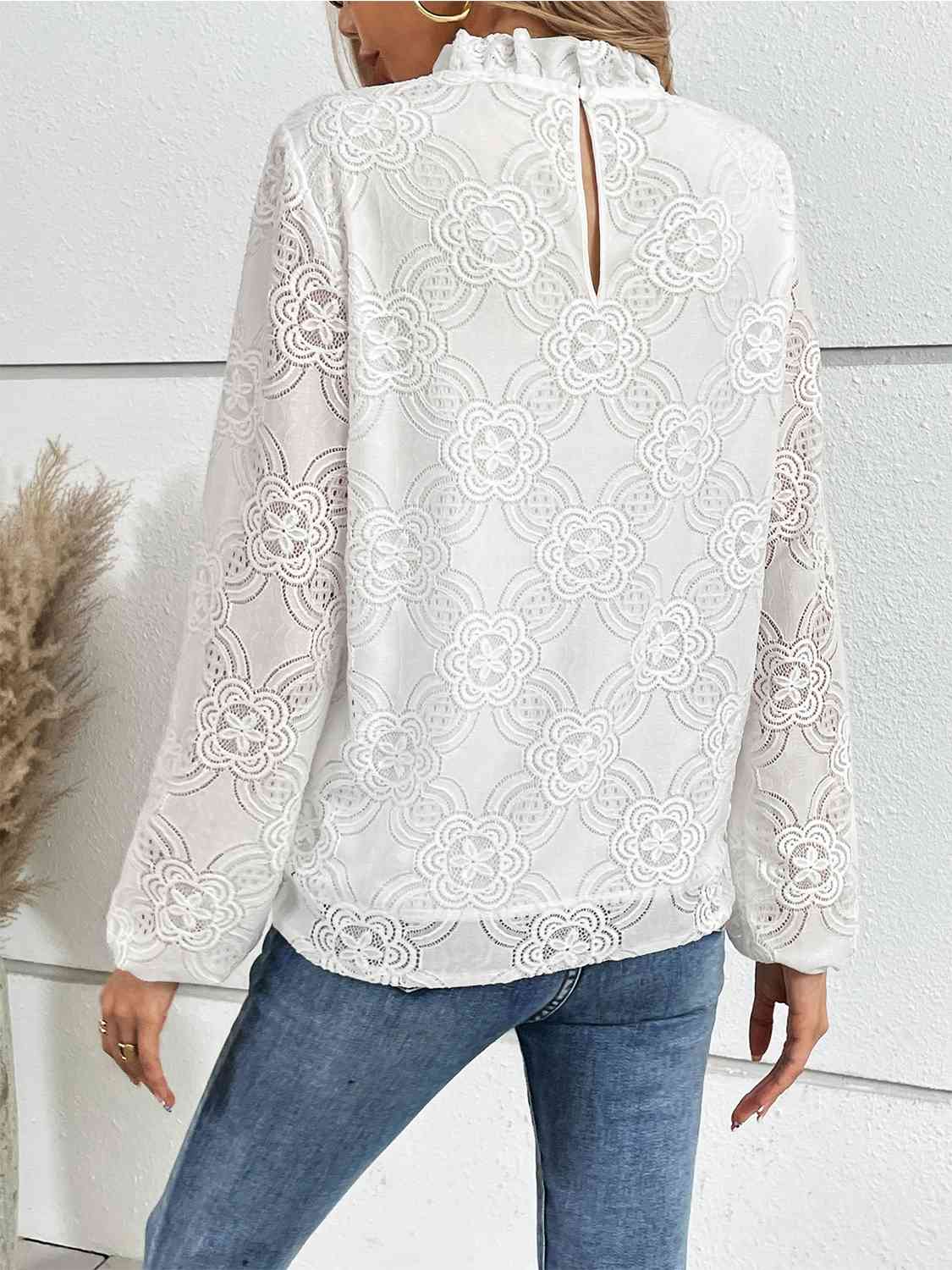 Eyelet Round Neck Long Sleeve Blouse - AllIn Computer