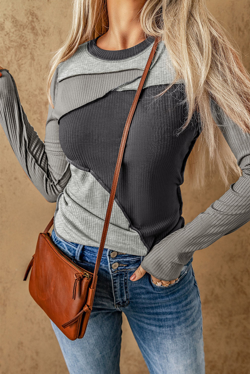 Color Block Exposed Seam Long Sleeve Top - AllIn Computer