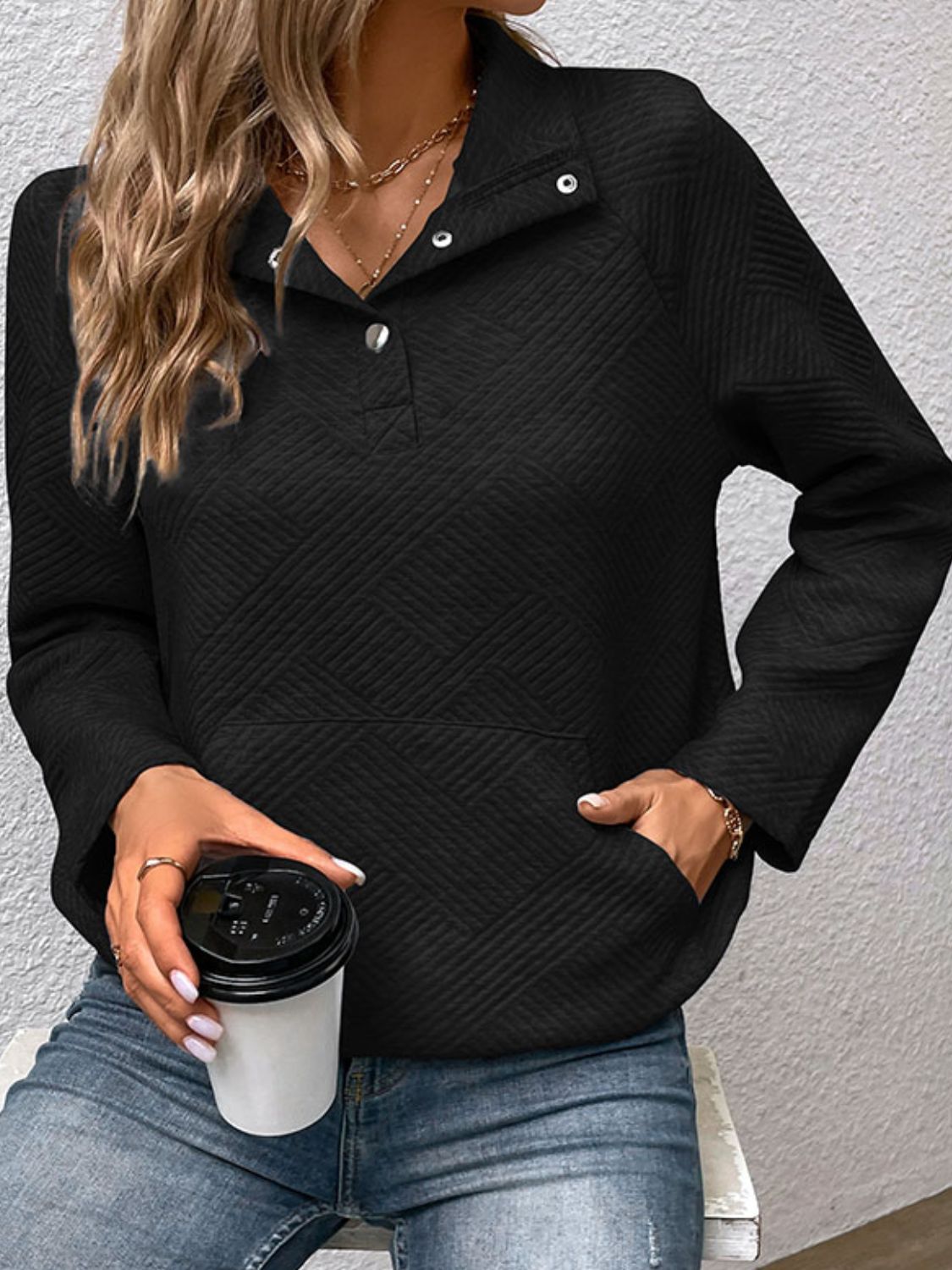 Raglan Sleeve Collared Neck Sweatshirt with Pocket - AllIn Computer
