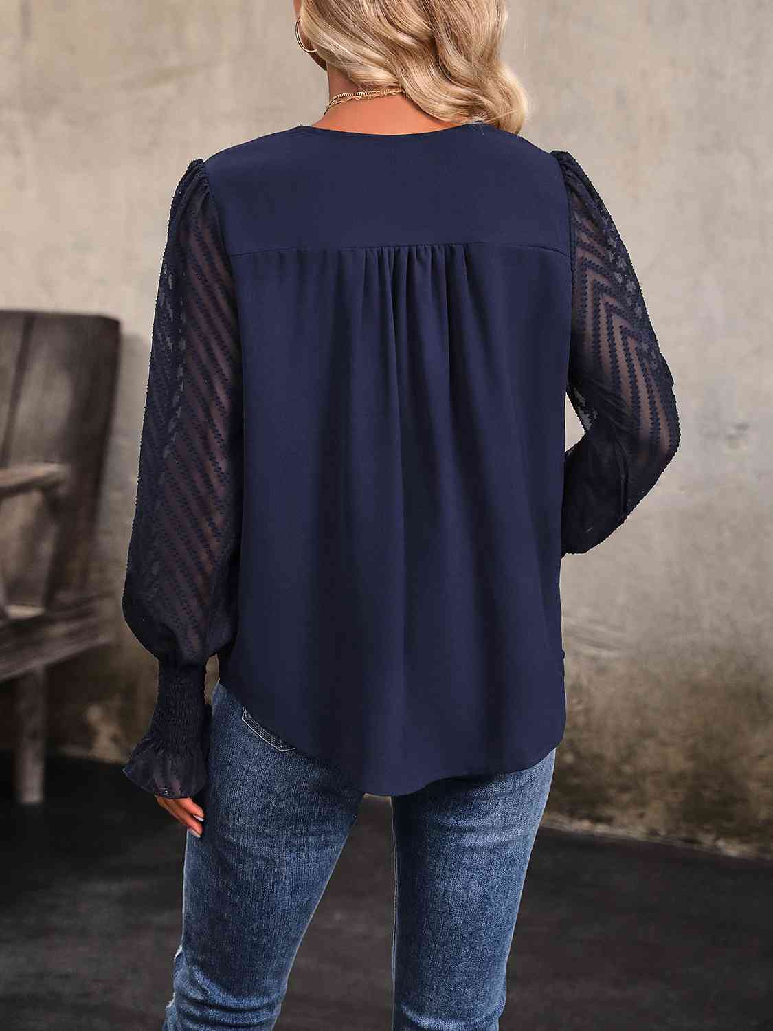 V-Neck Long Mesh Sleeve Top - AllIn Computer