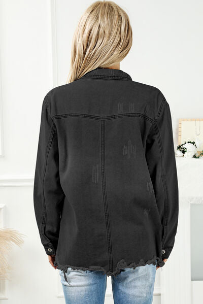 Distressed Button Up Frayed Hem Denim Jacket - AllIn Computer