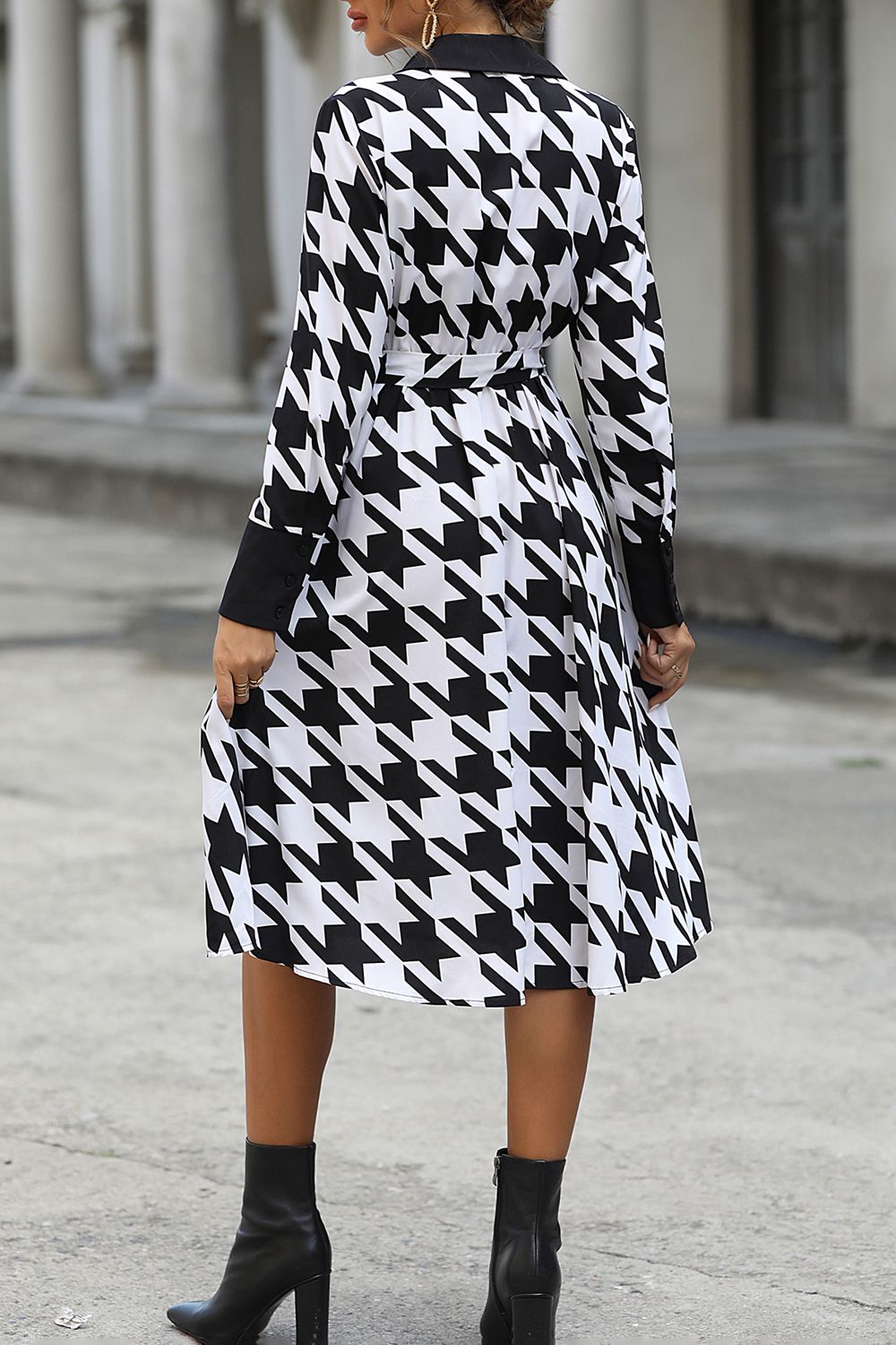 Houndstooth Johnny Collar Tie Waist Dress - AllIn Computer