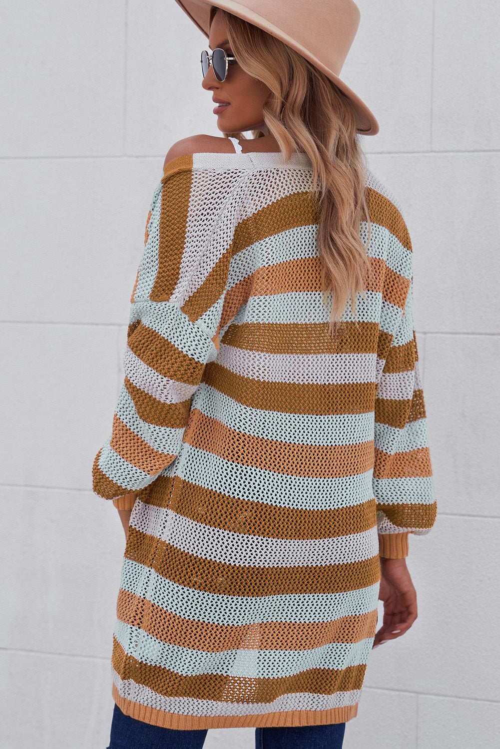 Full Size Striped Long Sleeve Openwork Cardigan - AllIn Computer