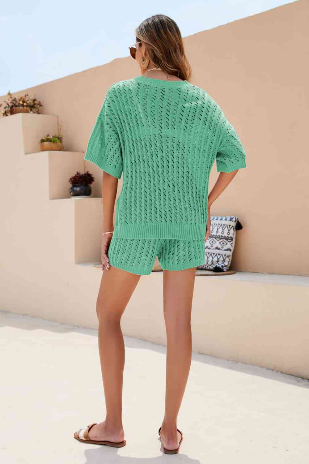 Openwork V-Neck Top and Shorts Set - AllIn Computer